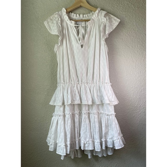 MISA Los Angeles Ruffle Mini Dress White Eyelet Tiered Flutter Sleeve L - Picture 3 of 7